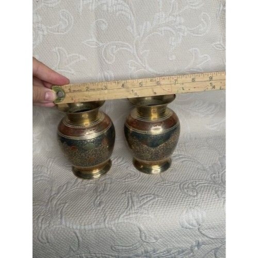 VTG Hand Engraving MultiFloral Set of 2 Mini Etched Brass Bud Vases 5” Tall Gold - Picture 2 of 14